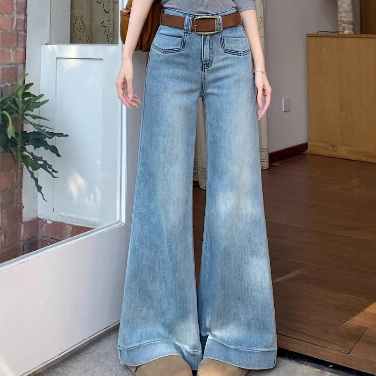 韩系设计感微喇阔腿牛仔裤2025春季新款高腰显瘦宽松长裤女潮ins