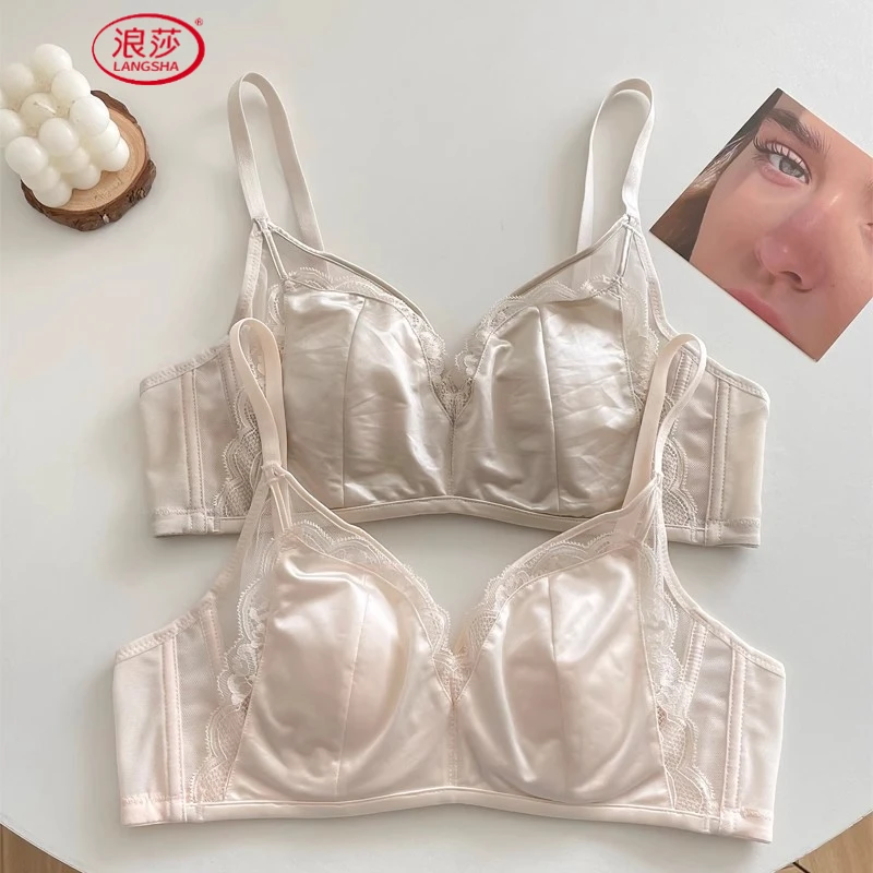 浪莎苏缎面蕾丝内衣夏季女大胸显小桑蚕丝透气薄款轻薄透气内衣女