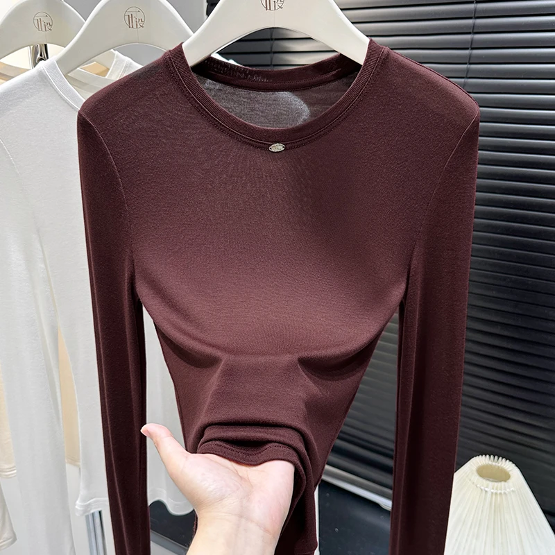 时髦气质百搭长袖圆领红色打底衫潮2025秋季新款修身女士针织T恤