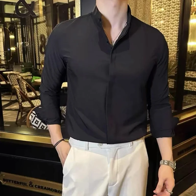 2025秋季立领薄款休闲衬衫修身长袖商务时尚男士中式中袖西装内搭