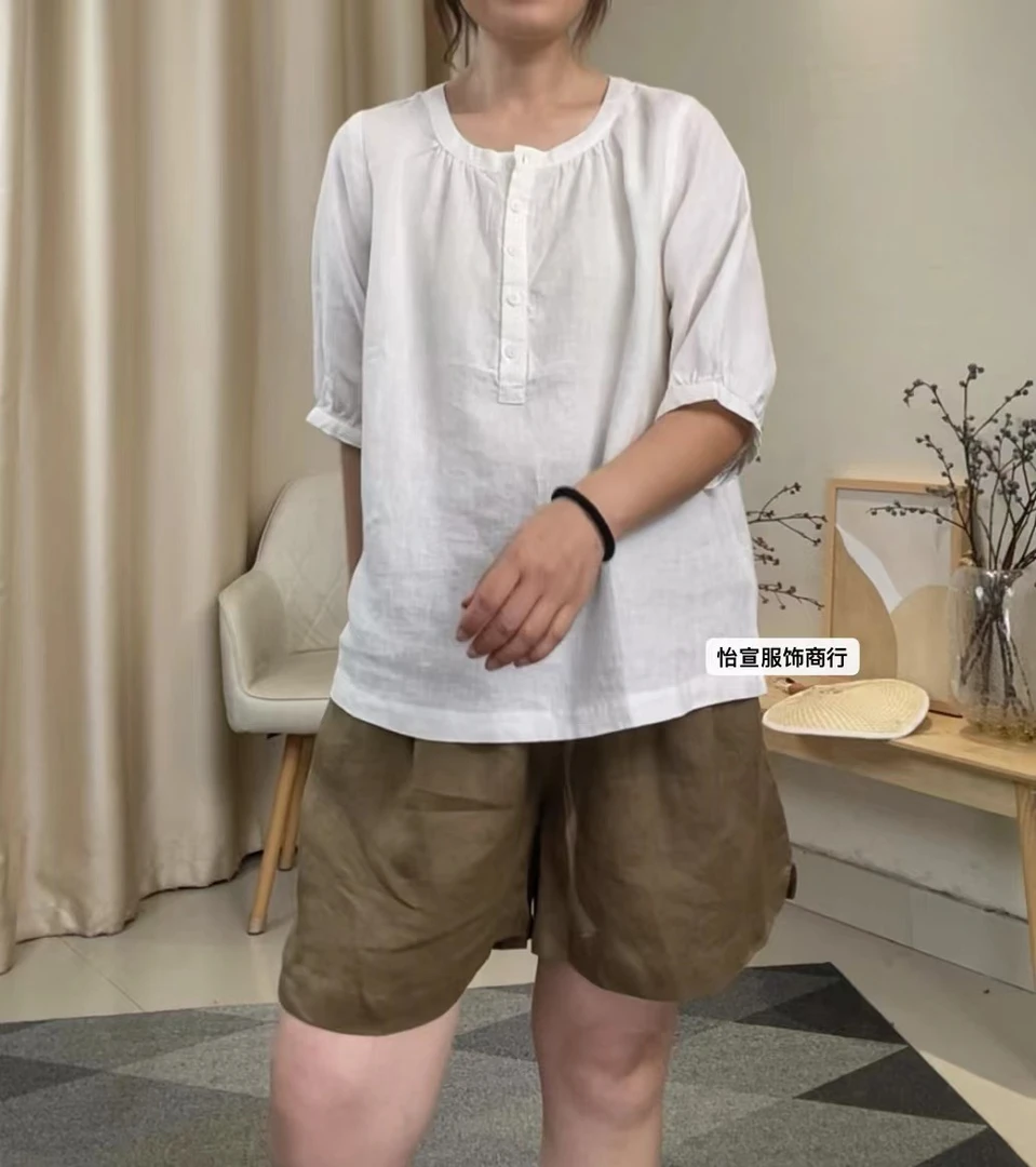 YX 圆领半门襟套头亚麻短袖衬衣女 162