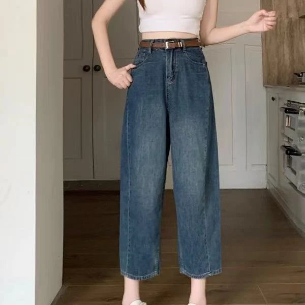 梨形身材微胖女生穿搭爆款新款阔腿牛仔裤女高腰弯刀香蕉裤韩系