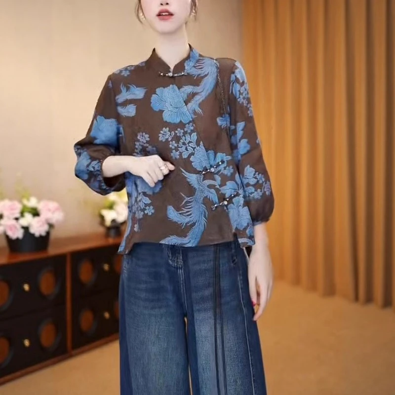 拉夏贝尔新中式国风盘扣上衣女秋季2025新款高端精致长袖印花衬衫