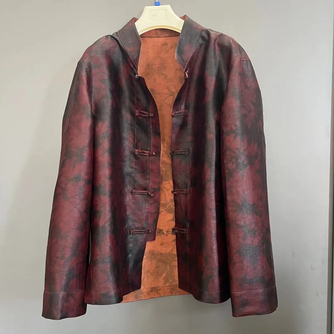 A-205-2上衣-新款100%桑蚕丝红云纱高端男装长袖开衫