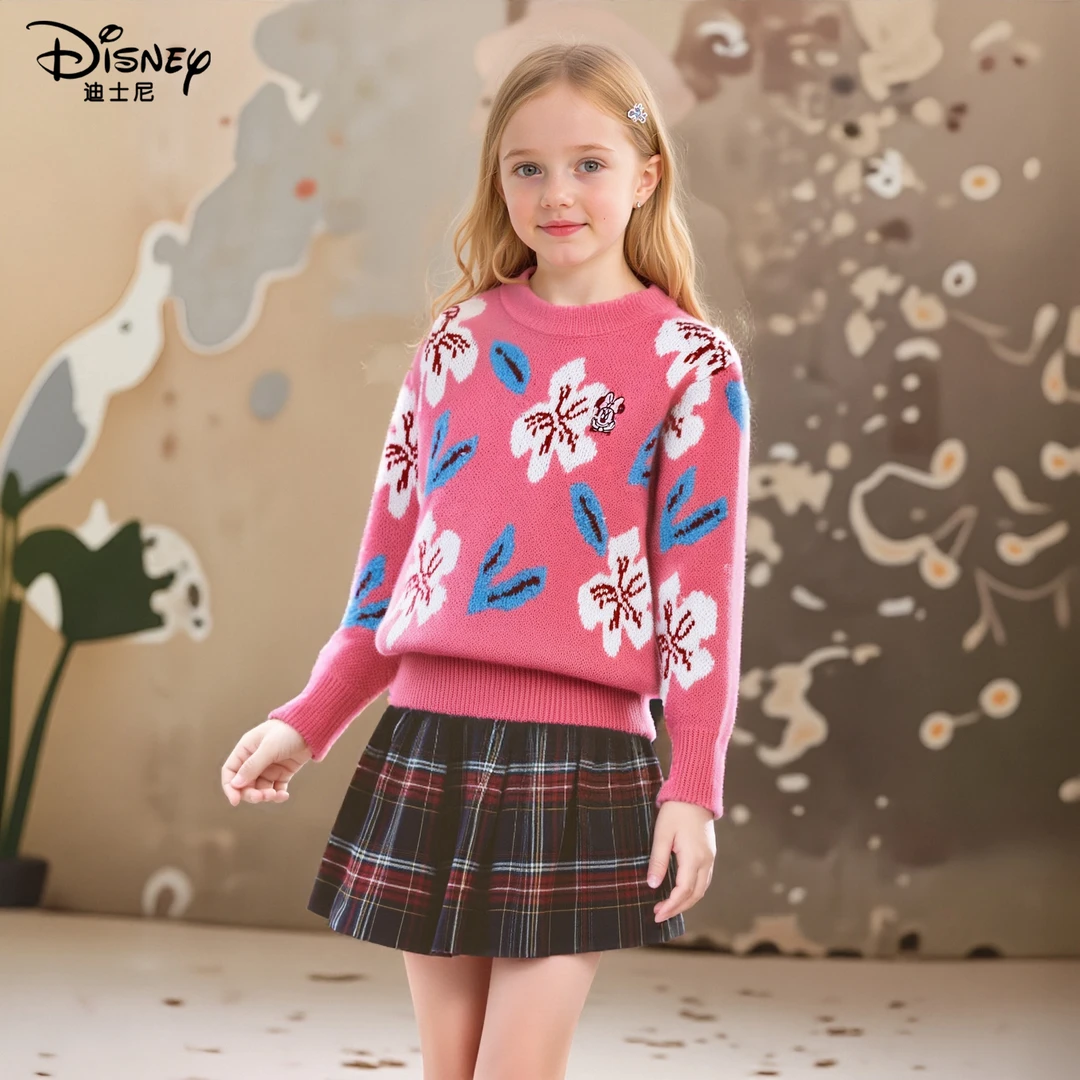Disney/迪士尼女童复古提花套头毛衣秋冬新款儿童百搭毛衣中大童