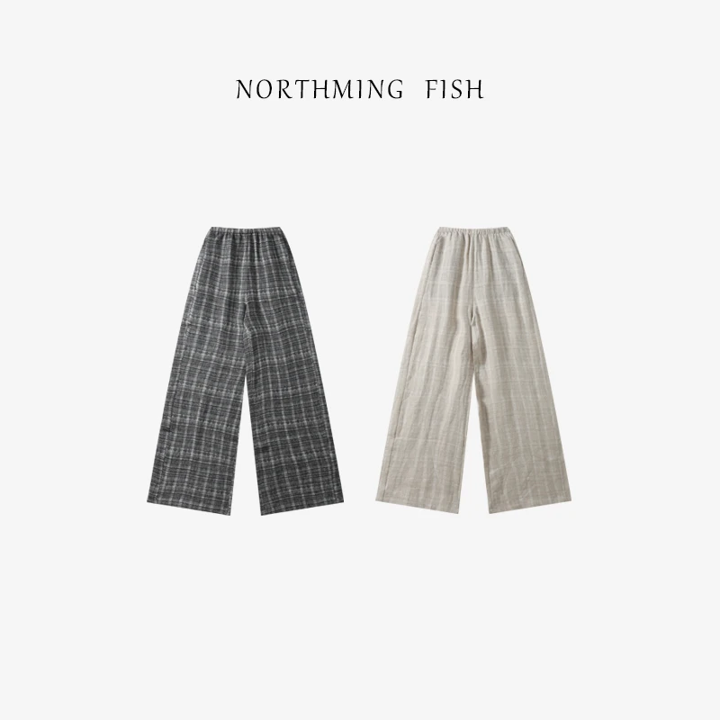 NorthMing fish「」100亚麻 垂坠飘逸清冷素雅的休闲格子裤