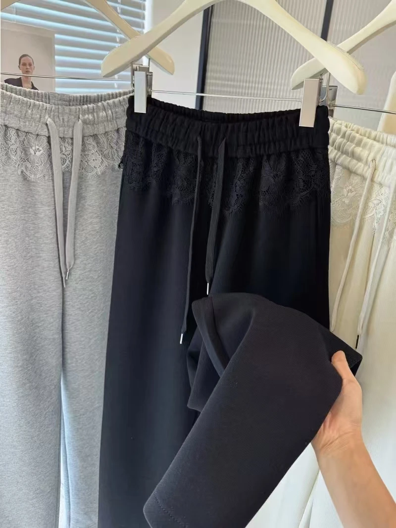 8220-AQ新款蕾丝拼接松紧拉绳休闲直筒裤