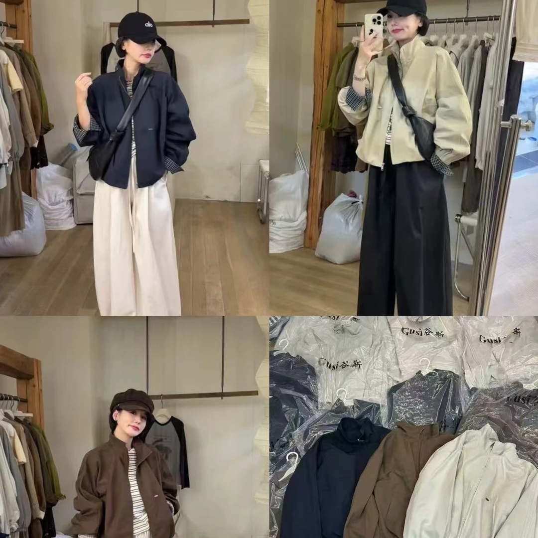 谷斯9103 韩系袖口格子立领外套女新款宽松休闲短款棒球服