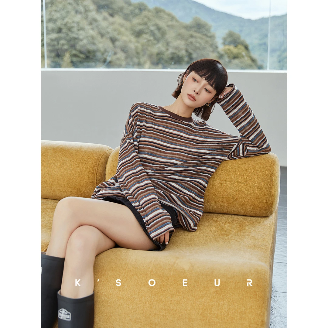 K姐KSOEUR【榛子可可】色织条纹针织  休闲条纹长袖T恤女
