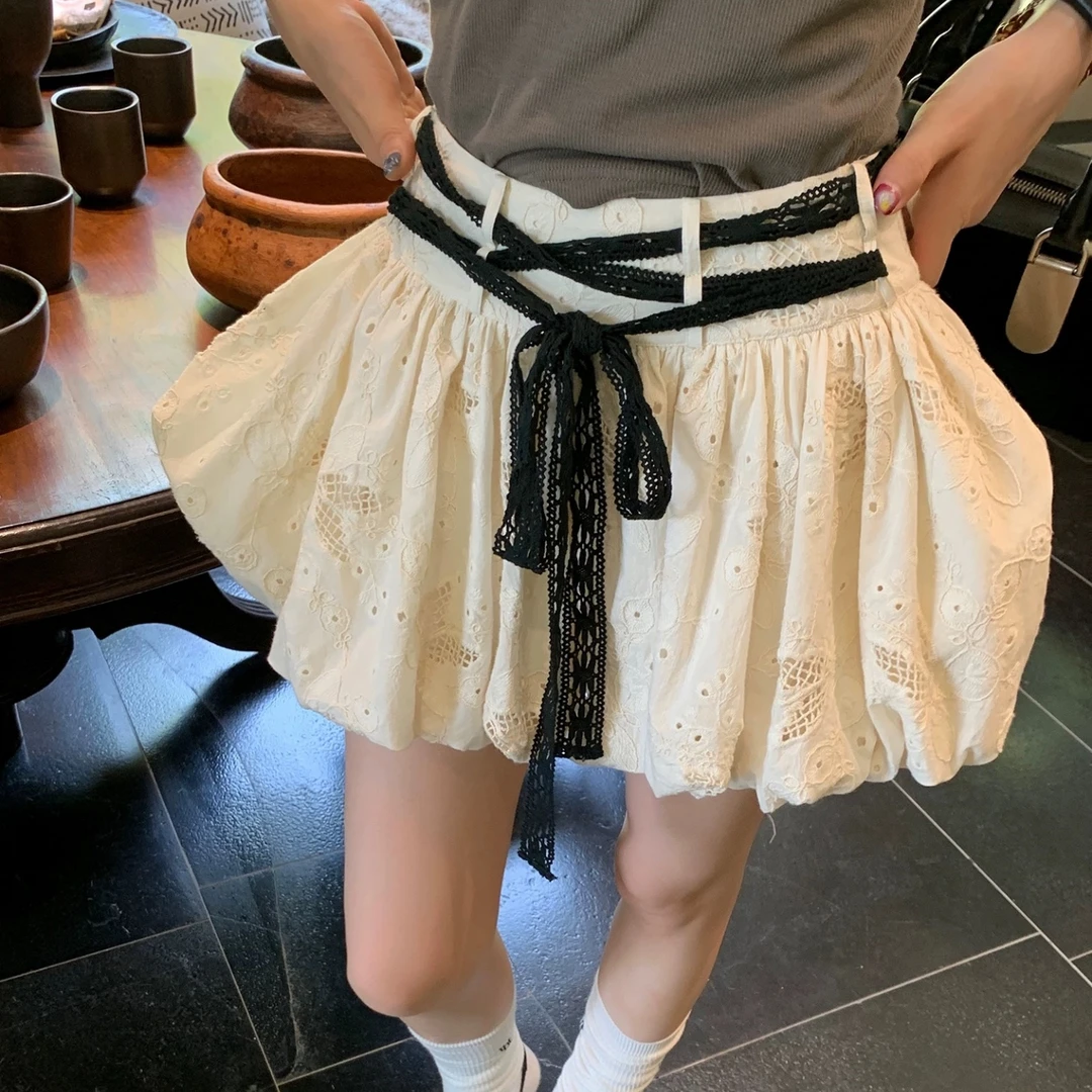 le rouge周美美 蕾丝少女高腰镂空刺绣蝴蝶结绑带花苞蓬蓬半裙