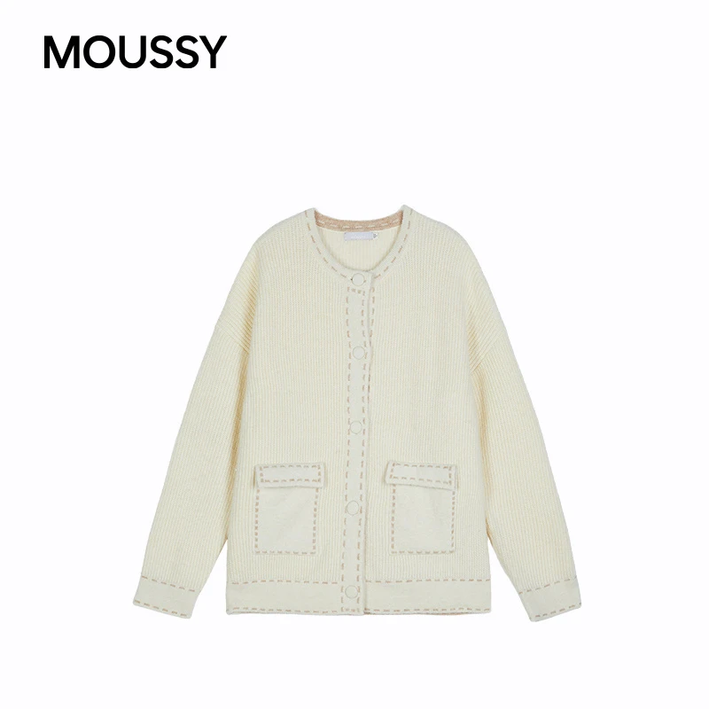 MOUSSY 2026早春新品复古工装风明线圆领针织开衫女028IAB70-1057