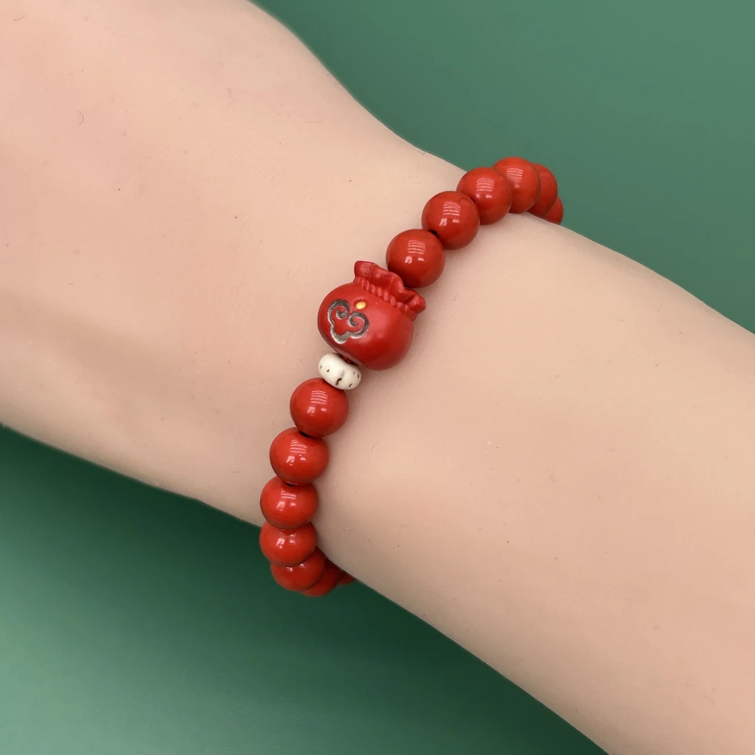 含辰砂工艺品高含量朱砂红砂彩绘福钱袋6mm本命年手串手链