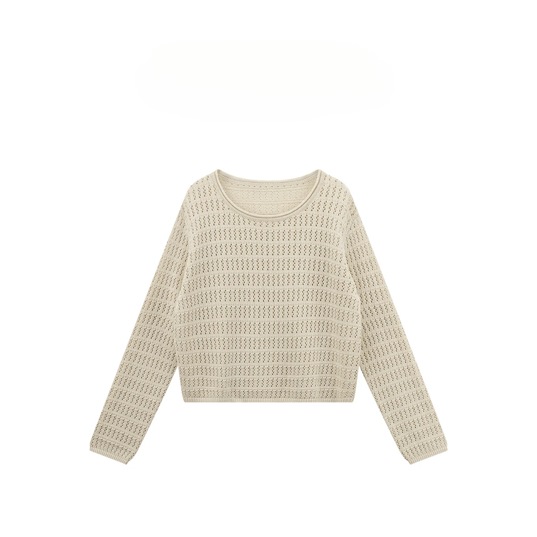 杏仁茶时尚镂空圆领针织衫显瘦上衣 149