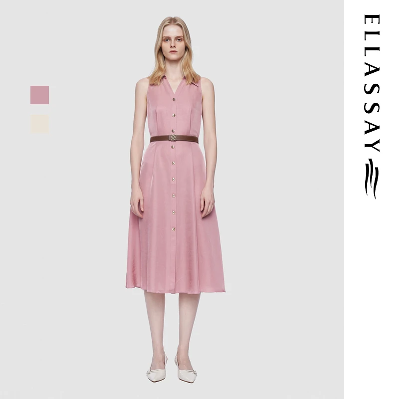 ELLASSAY歌力思2025夏季新款法式三醋纤V领连衣裙女EWD362Y17600