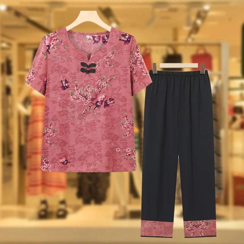 妈妈夏装短袖套装70岁80奶奶上衣老太太衣服老年人女夏季两件套