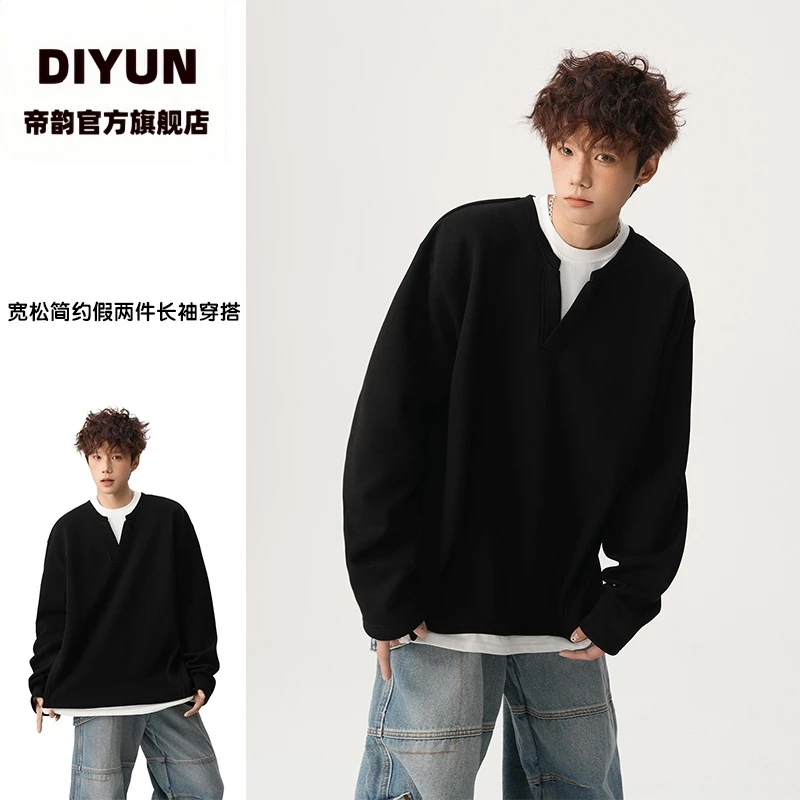 【帝韵】复古高街假两件穿搭长袖卫衣外套女宽松简约百搭打底衫上衣