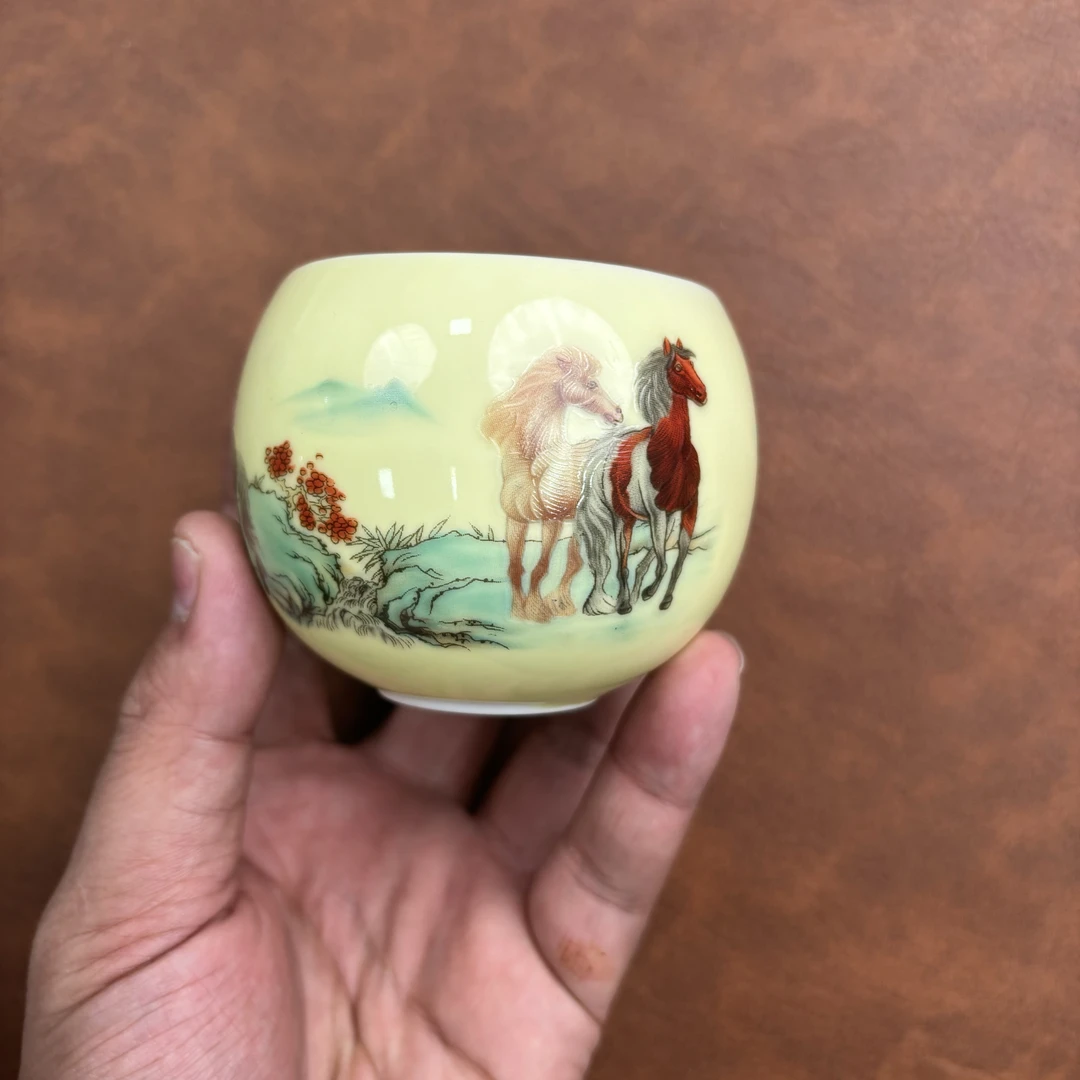 夜光八骏图黄色龙蛋茶杯