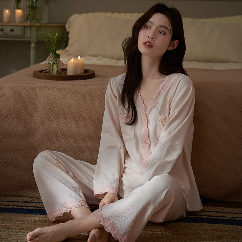 马克公主睡衣女春秋季新款法式甜美纯棉长袖蕾丝柔软可外穿家居服