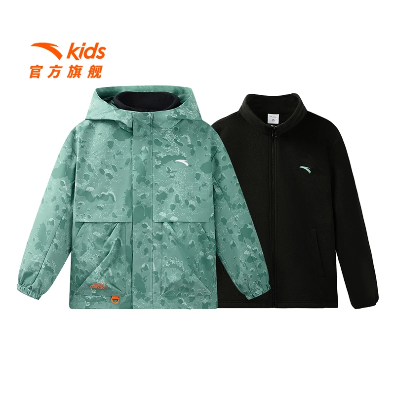 安踏儿童男大童两件套上衣2025秋季保暖舒适青少年连帽双防外套潮