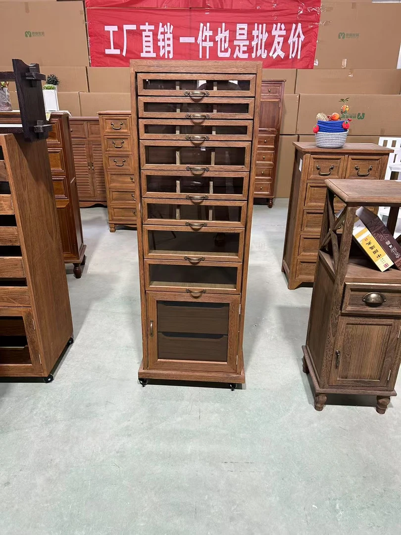 胡桃色实木牙科柜落地茶具收纳柜抽屉中古文玩首饰盒茶室边柜