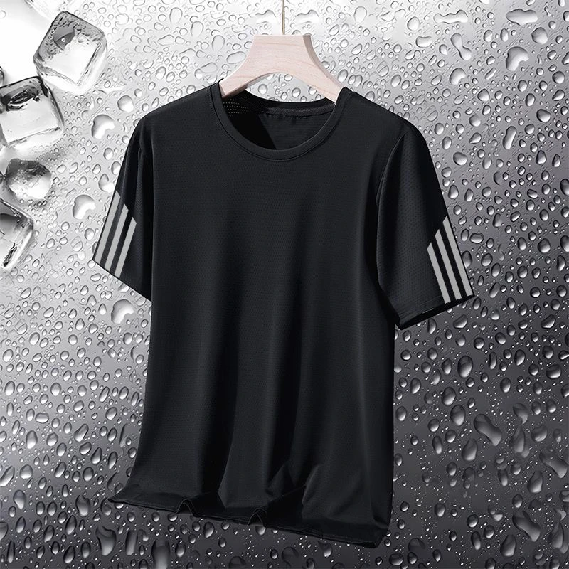 男士薄款夏季冰丝圆领短袖T恤宽松大码运动半袖休闲透气上衣速干