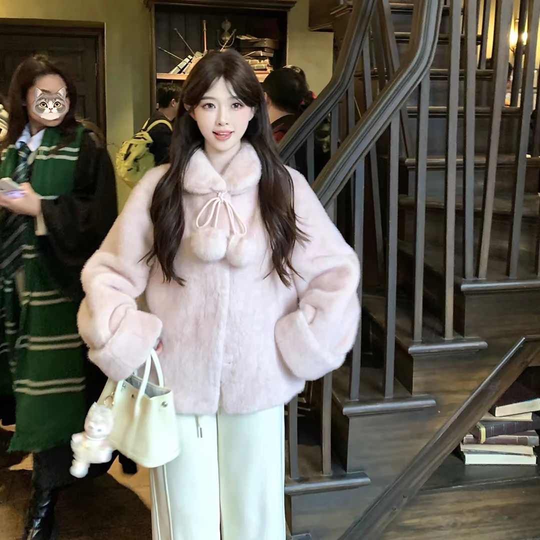 人造皮草 小小仟 桃粉千金 系带毛球可爱毛毛外套宽松人造皮草