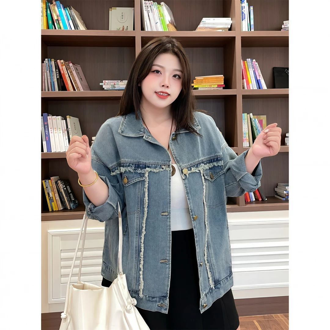 大码女装秋季温婉花契200斤胖mm松弛感休闲流苏牛仔外套14532-Q