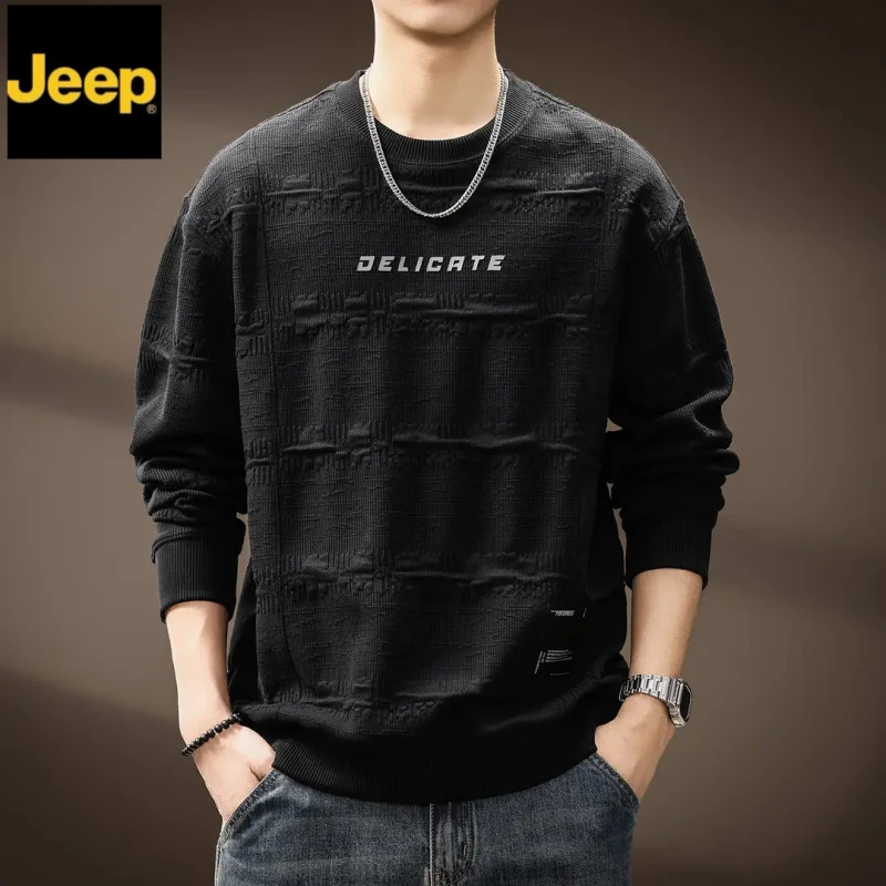 jeep吉普美式潮牌拼接印花圆领卫衣男秋季新款简约肌理感宽松上衣