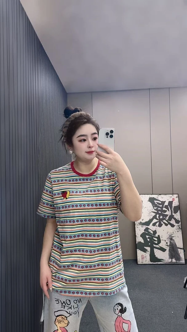 （小娜家）棉条纹撞色圆领短袖t恤女装新款洋气休闲显瘦上衣0133