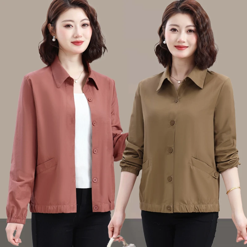 宽松短款外套女春秋装长袖百搭休闲纯色上衣女妈妈装新款衬衫女