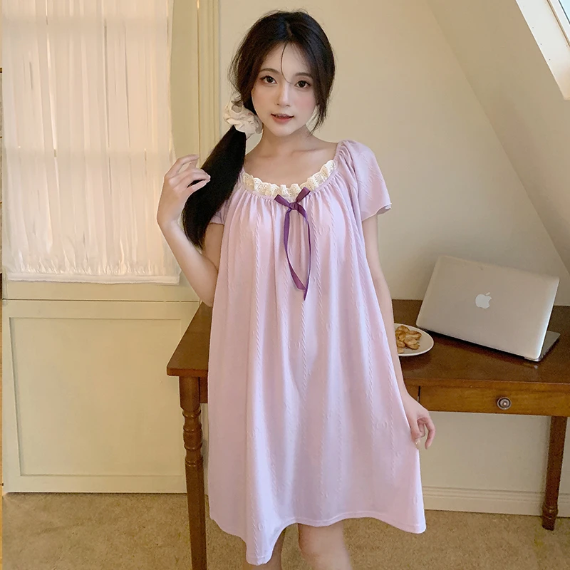 【橙子家】夏季甜美可爱少女系带胸垫短袖薄款中长裙睡衣家居服紫