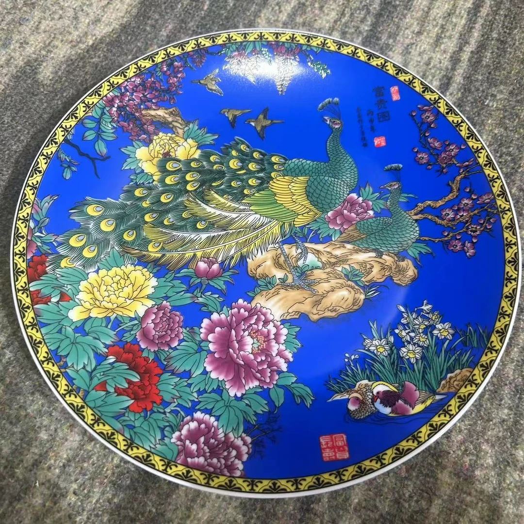 XPZ00081/蓝孔雀图瓷赏盘摆件