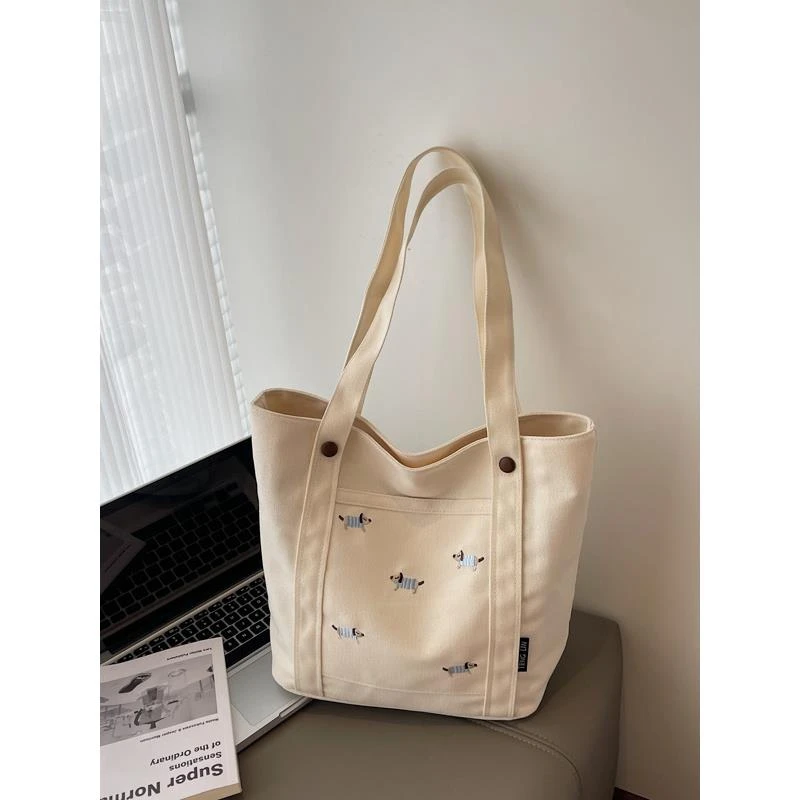 刺绣腊肠狗帆布托特包包女夏大容量上课手提袋小众百搭单肩通勤包