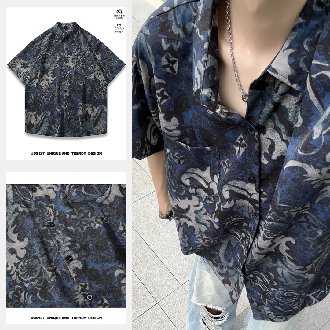 2025新款冰丝扎染撞色翻领衬衫男宽松夏季痞帅短袖垂感免烫花衬衣
