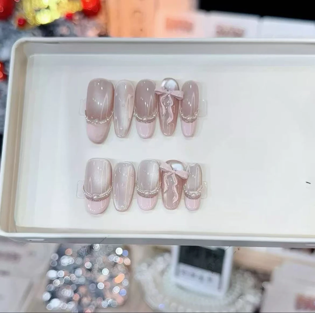 【粉色梦境】纯手工穿戴甲美甲贴片高级显白气质粉色法式甜心蝴蝶结