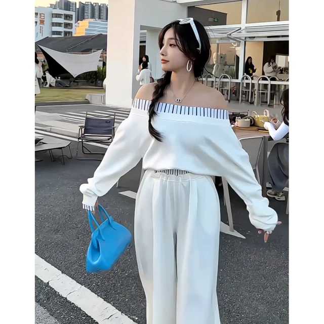 韩系高街设计拼接一字肩长袖卫衣女2025春季高腰宽松拖地裤两件套