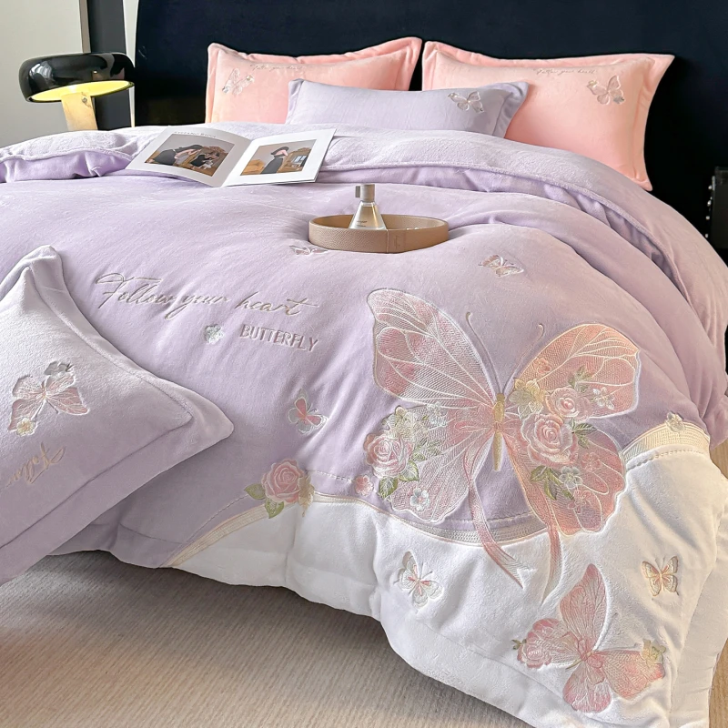 简约刺绣牛奶绒床上用品四件套秋冬加绒加厚床单被罩家用单双人床