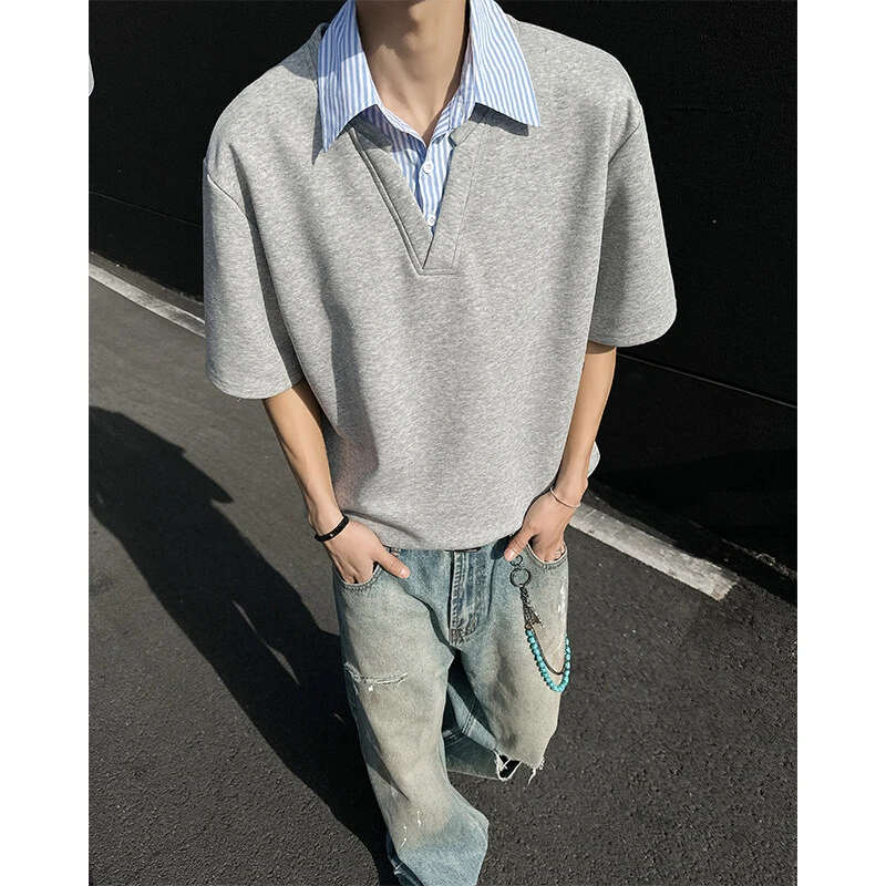 假两件衬衫领重磅短袖t恤男夏季美式oversize潮牌半袖宽松五分袖