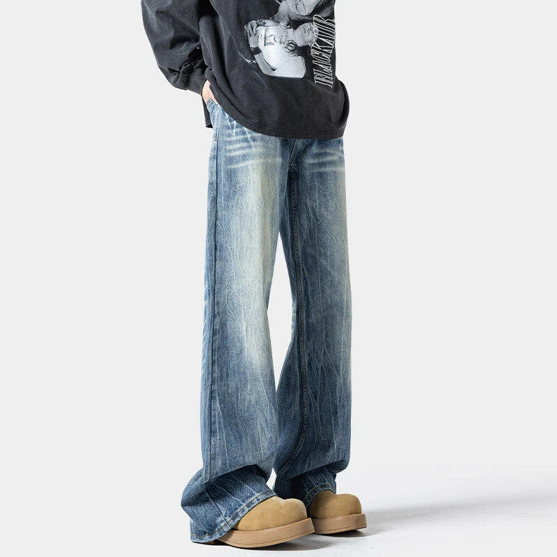 闪电纹微喇牛仔裤男潮牌新款水洗复古宽松直筒显瘦高街痞帅长裤子