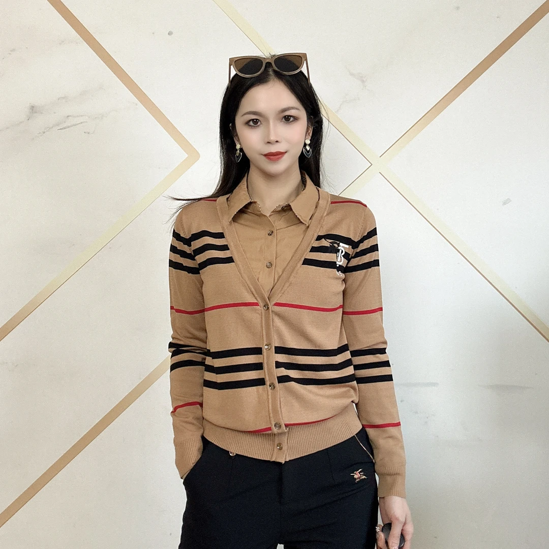 秋冬季新款上衣女装条纹毛衣休闲百搭衬衫领假两件长袖时尚针织衫