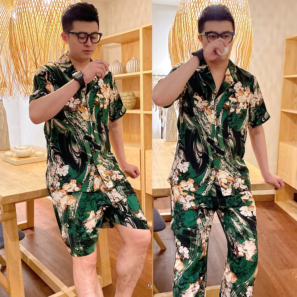 大码休闲男士休闲短袖睡衣套装2025印花高品质奢华可外穿家居服男