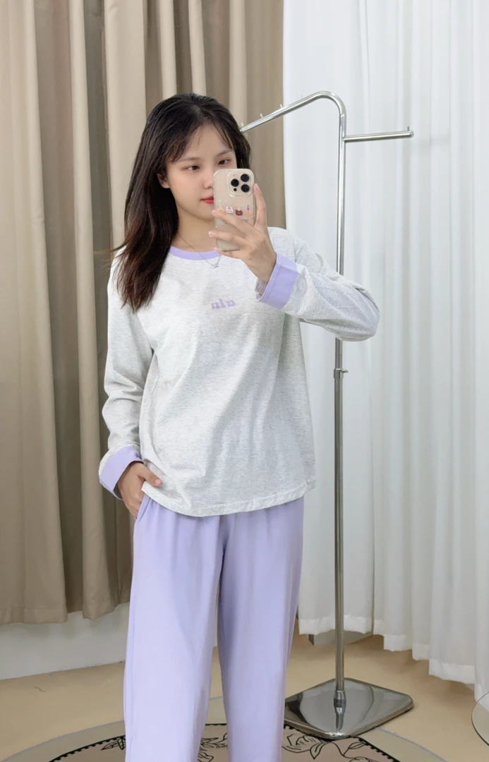 【米娅紫】家迎睡衣秋冬双面纯棉套头新款睡衣家居服长裤女士春秋
