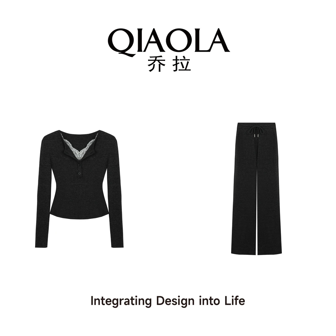QIAOLA/乔拉【时光巷陌】春季新款休闲风弹力针织坑条时尚套装预售