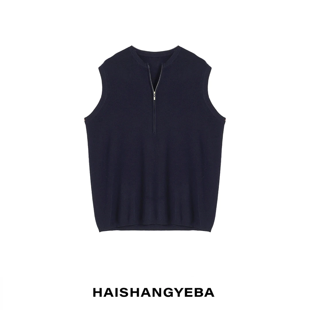 【海上叶爸】新款2025春秋百搭绵羊毛圆领拉链无袖马甲外套