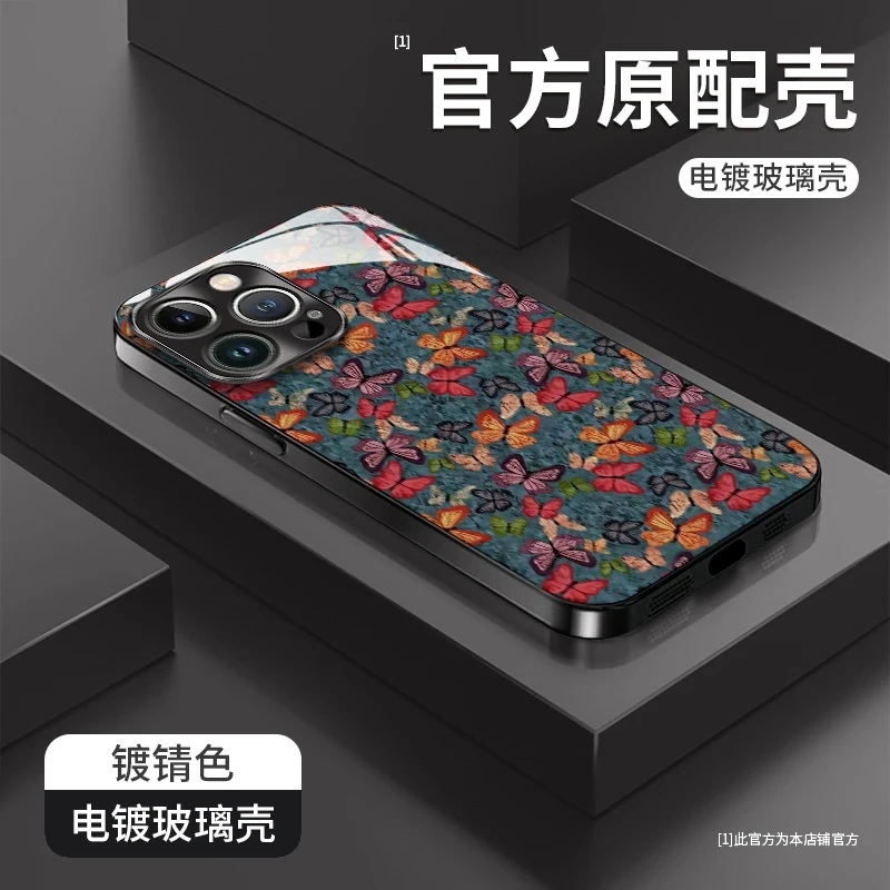 满屏蝴蝶电镀玻璃壳适用苹果华为vivo女新款oppo小米高级感手机壳