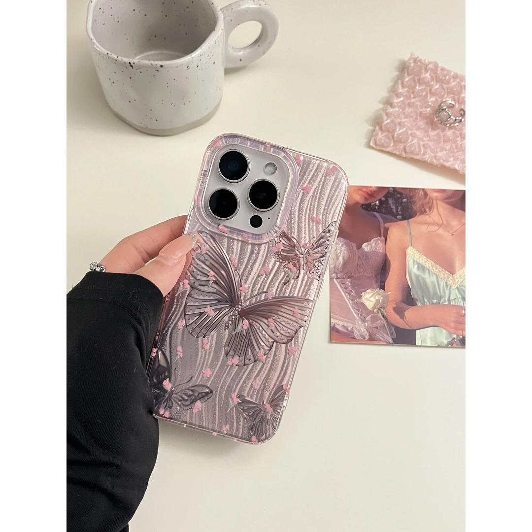 DD水波纹蝴蝶结适用苹果16promax手机壳15PRO新款网红双层IMD男女