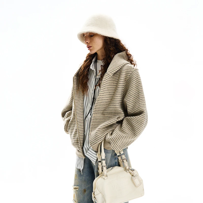 达蒙岛秋季条纹连帽卫衣外套女林秋楠同款小众设计感美式开衫帽衫