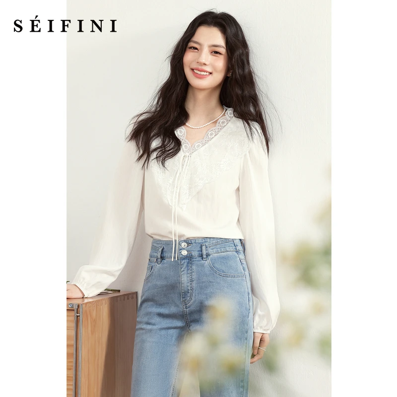 诗凡黎v领蕾丝花边衬衫25春新款设计感法式鬼马甜心上衣7G2220171
