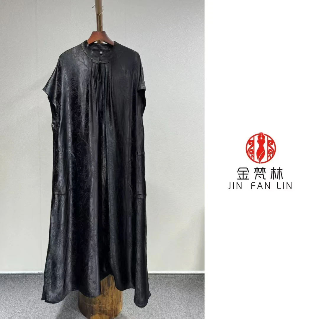 【流光花语】高端新中式中国风重缎香云纱桑蚕丝油料连衣裙送腰封