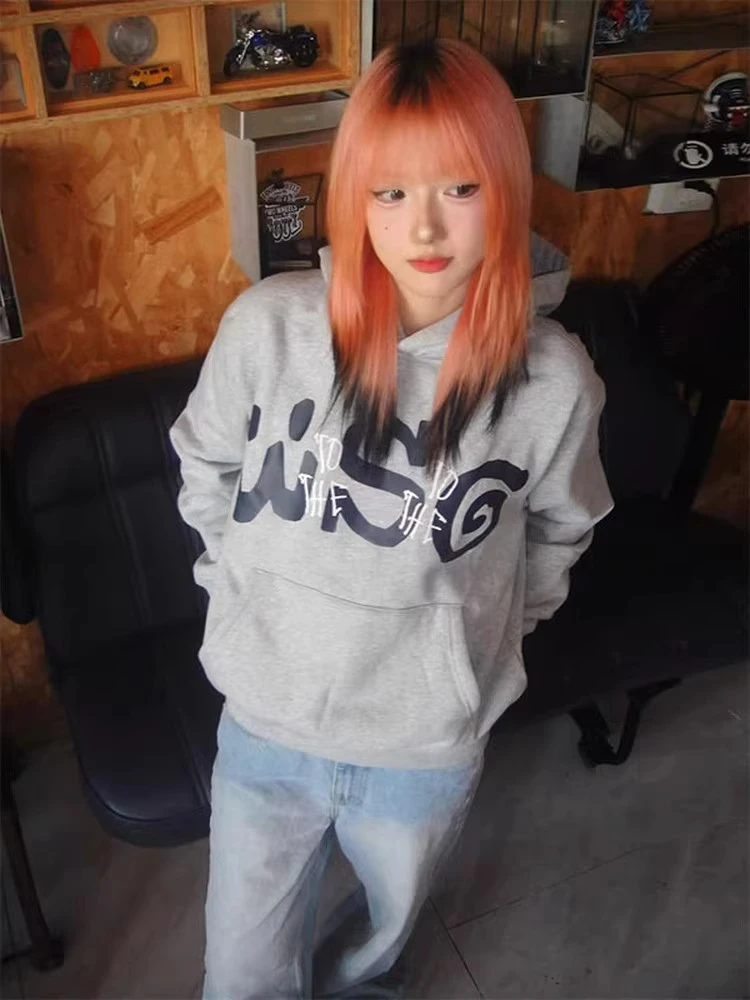 美式复古字母印花连帽卫衣女早秋穿搭灰色帽衫百搭重磅慵懒风外套